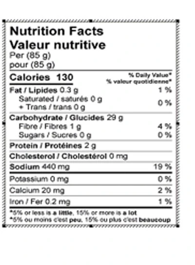 Nutrition Facts table for Emma Potato Gnocchi – Gluten Free