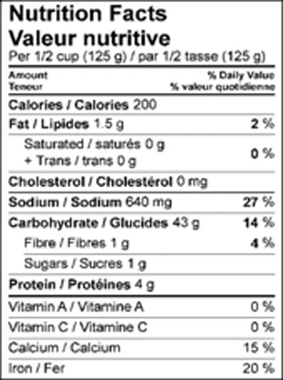Nutrition Facts table for Emma Potato Gnocchi – Whole Wheat