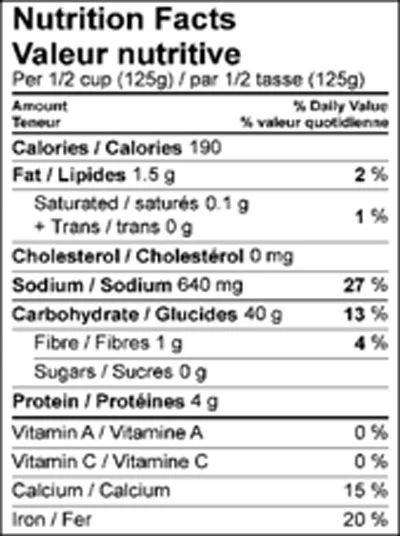 Nutrition Facts table for Emma Potato Gnocchi – with Cheese