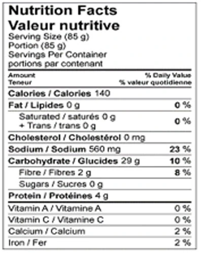 Nutrition Facts table for Emma Potato Gnocchi – With Quinoa