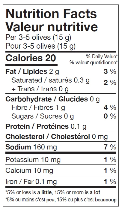 Nutrition Facts table for Emma Bella di Cerignola Olives in Brine
