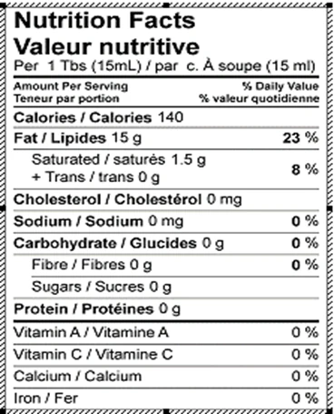 Nutrition Facts table for Emma Grapeseed Oil