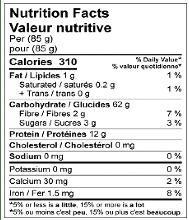 Nutrition Facts table for Emma Penne Rigate Pasta