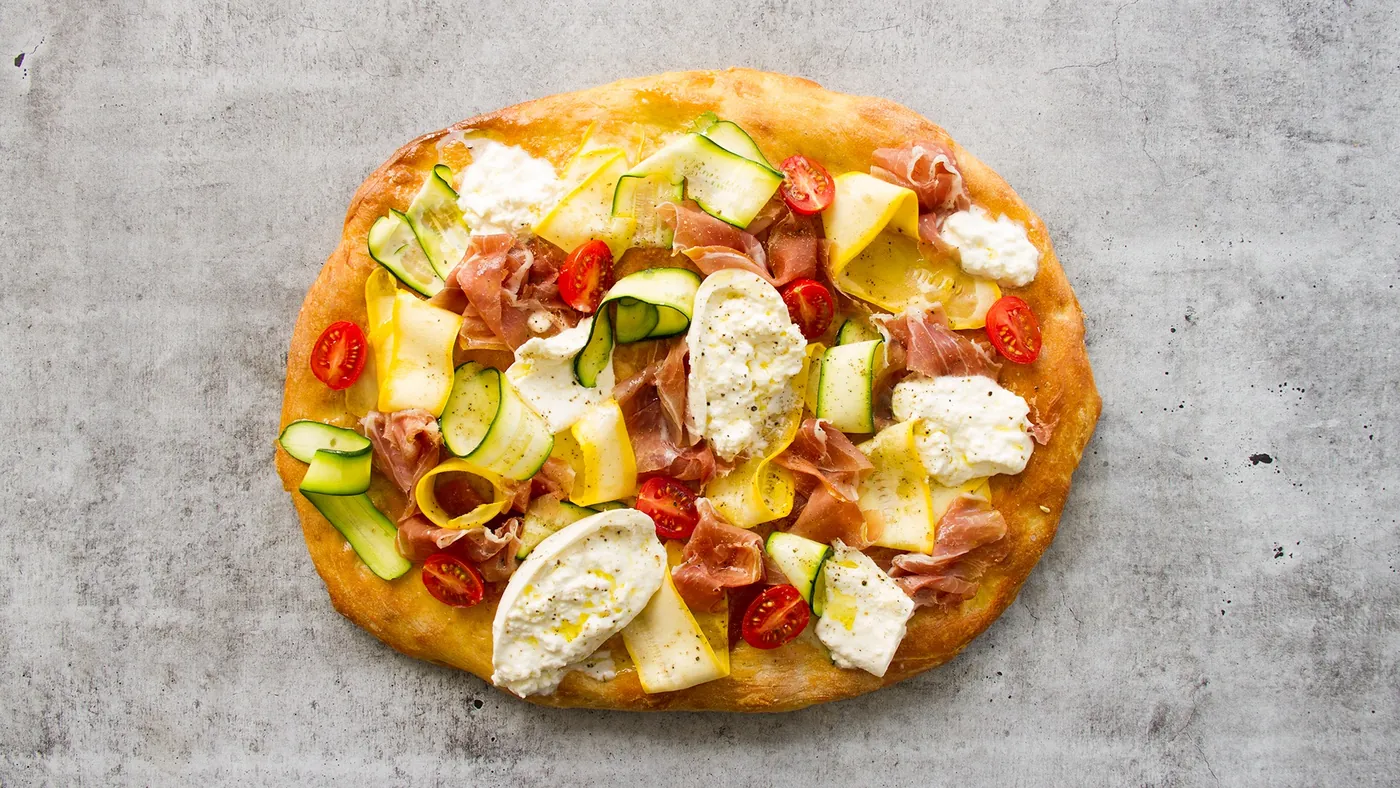Burrata, Prosciutto and Vegetable Flatbread