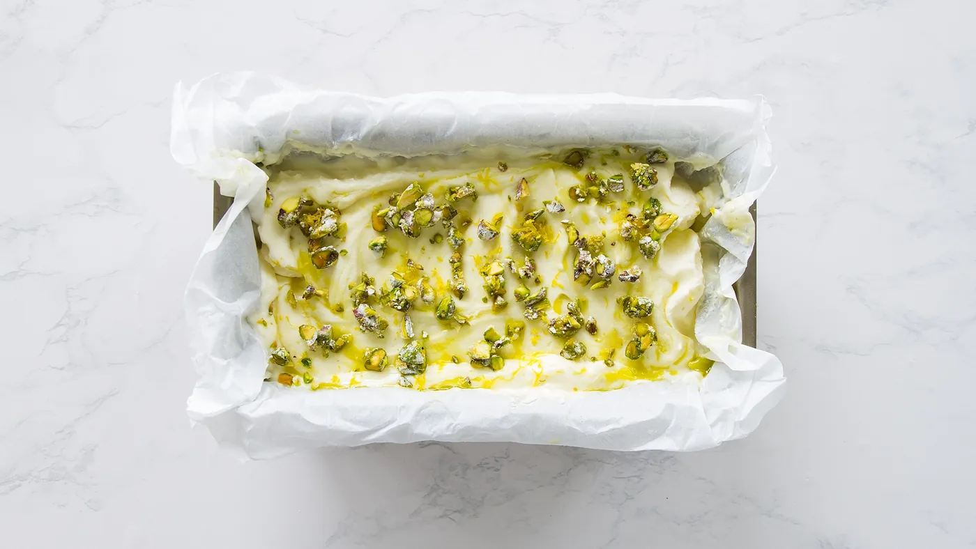 Mascarpone Semifreddo with Extra Virgin Olive Oil and Candied Pistachios