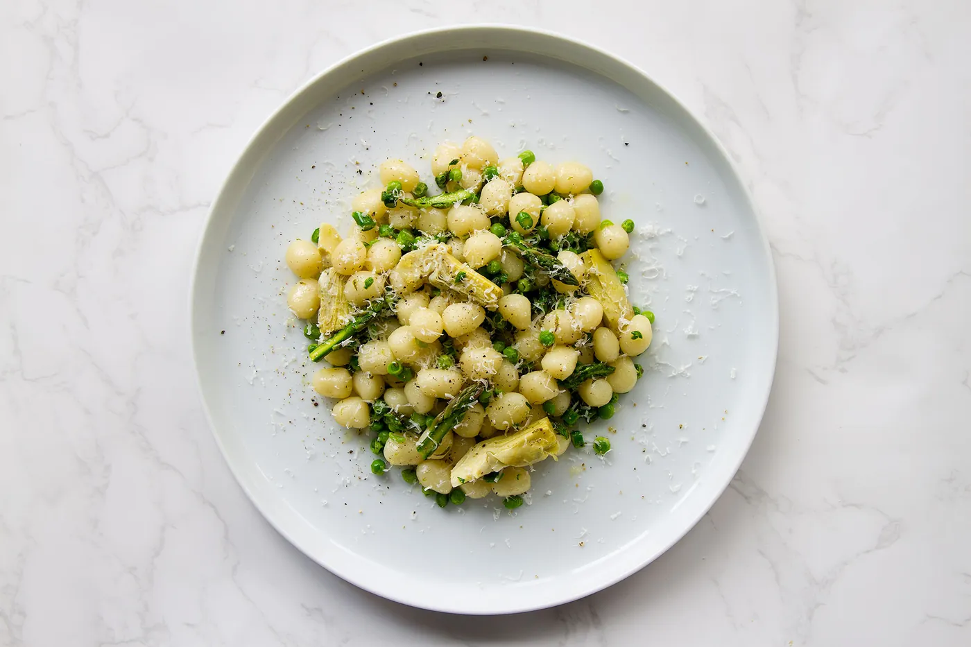 Mini Gnocchi with Peas, Asparagus, and Artichoke Hearts