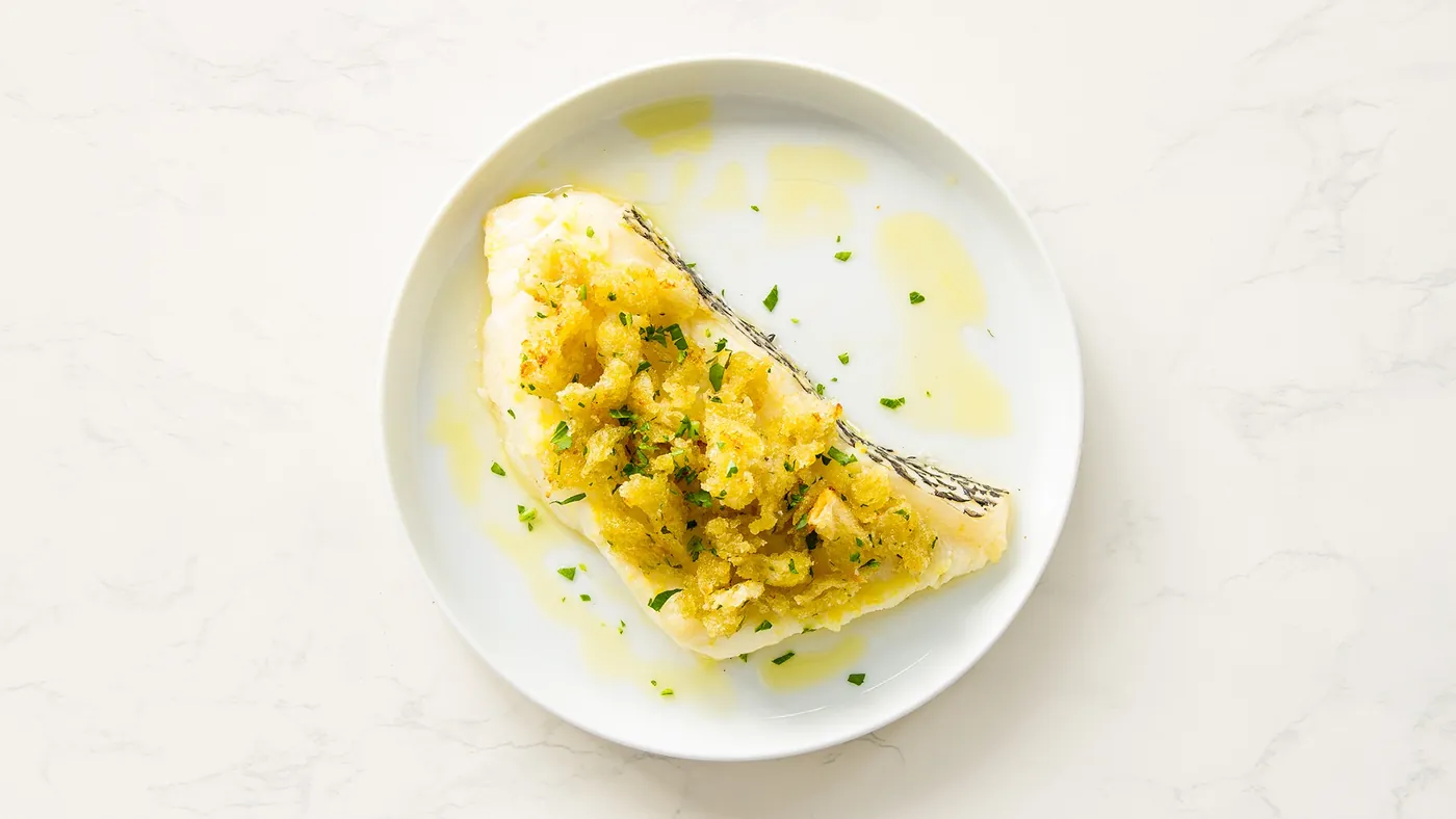 Poached Seabass in Olive Oil with Garlicky Breadcrumbs